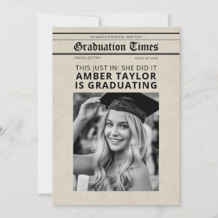 Graduation Newspaper “This Just In” B&W Photo Invitation
