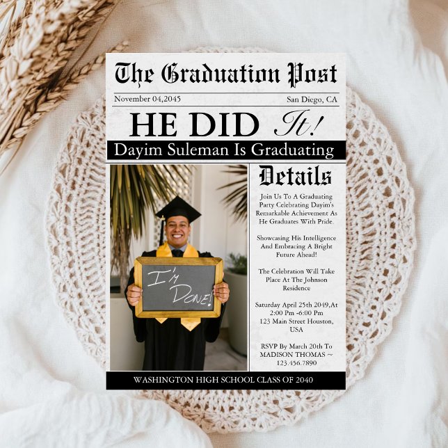 Graduation Newspaper Unique Fun Custom Photo 2026 Invitation (Creator Uploaded)