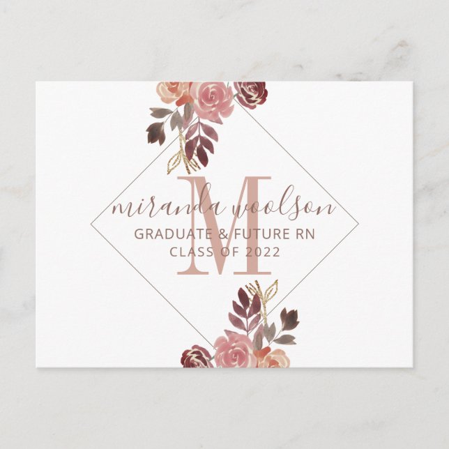 Graduation Nurse Monogram Floral  Announcement Pos (Front)