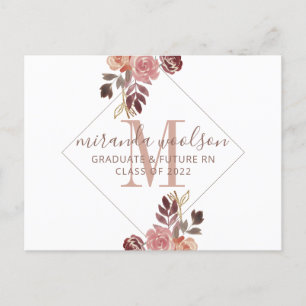Graduation Nurse Monogram Floral Announcement Pos Postcard