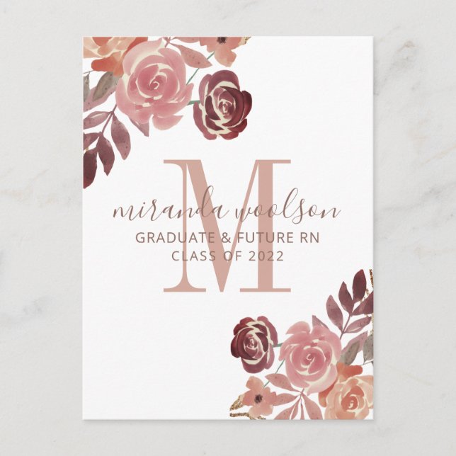 Graduation Nurse Monogram Pink Burgundy Floral Announcement Postcard (Front)