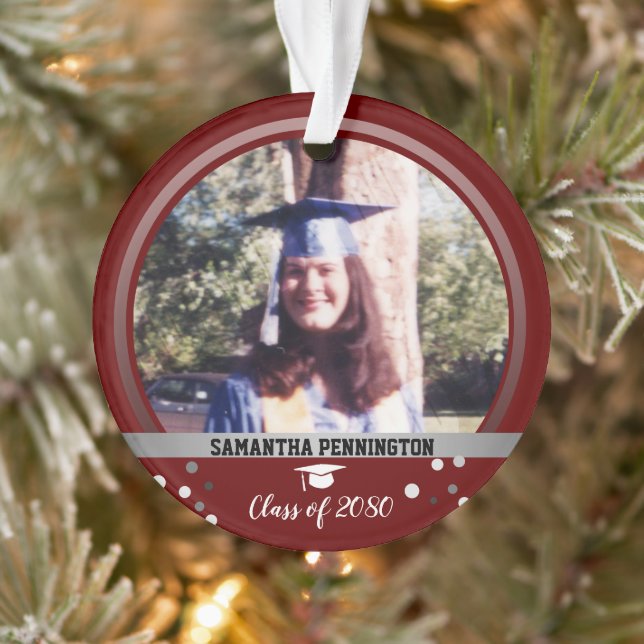 Graduation One Photo Confetti Keepsake Red Ornament (Tree)