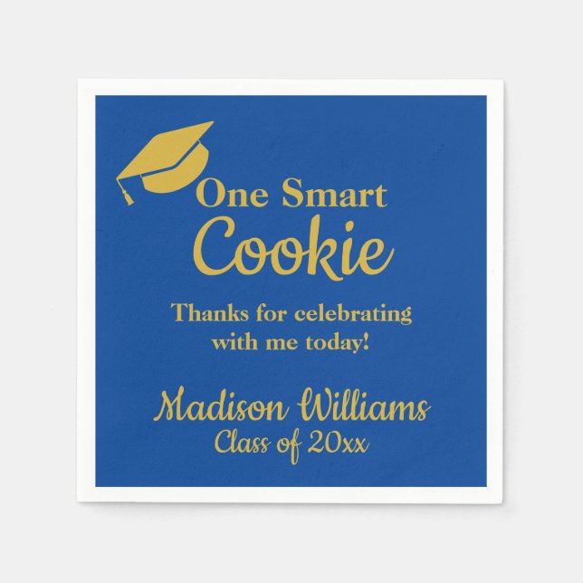 Graduation One Smart Cookie Party Blue Gold Paper Napkin (Front)