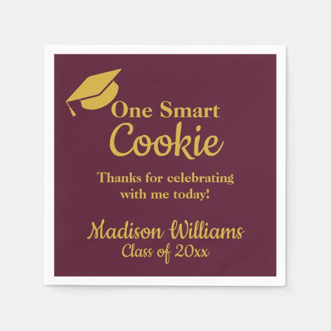 Graduation One Smart Cookie Party Maroon Gold Grad Napkin (Front)