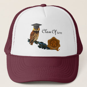 GRADUATION OWL  AND BROWN WAX SEAL MONOGRAM TRUCKER HAT