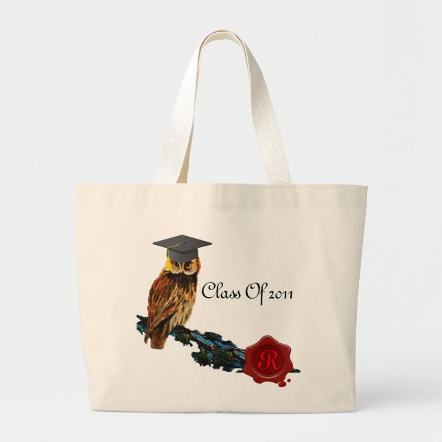 GRADUATION OWL  AND RED WAX SEAL MONOGRAM LARGE TOTE BAG (Front)