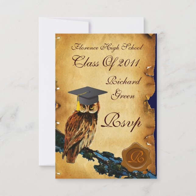 GRADUATION OWL PARCHMENT BROWN WAX SEAL MONOGRAM ANNOUNCEMENT (Front)