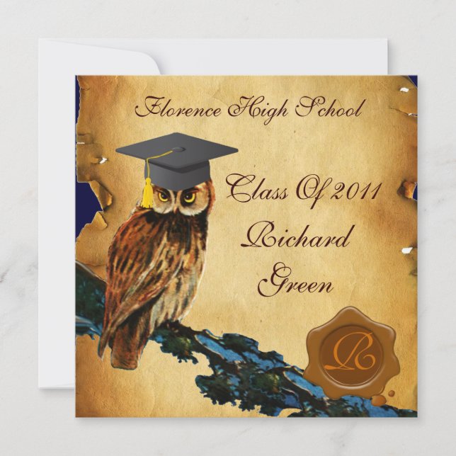 GRADUATION OWL PARCHMENT BROWN WAX SEAL MONOGRAM INVITATION (Front)