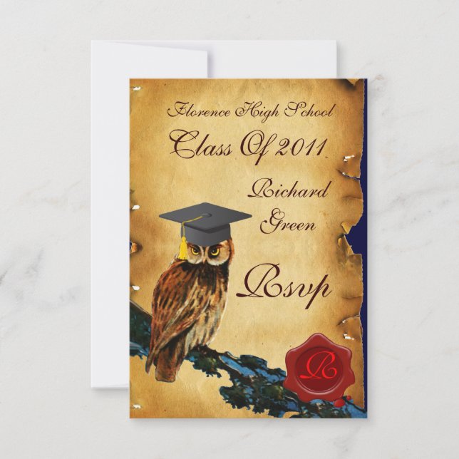 GRADUATION OWL PARCHMENT RED WAX SEAL MONOGRAM ANNOUNCEMENT (Front)