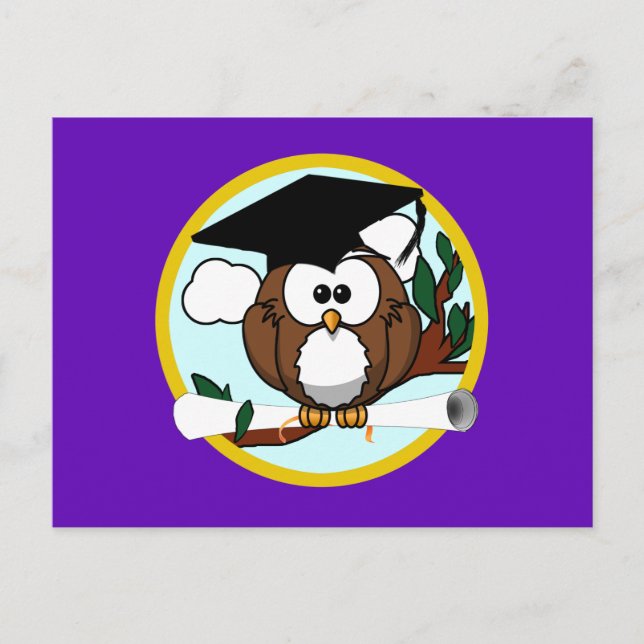 Graduation Owl w/ Cap & Diploma - Purple and Gold Announcement Postcard (Front)