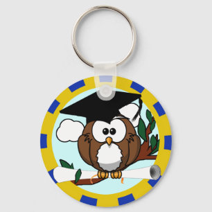 Graduation Owl With Blue And Gold School Colours Key Ring