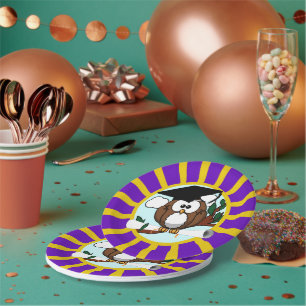 Graduation Owl With Purple And Gold School Colours Paper Plate