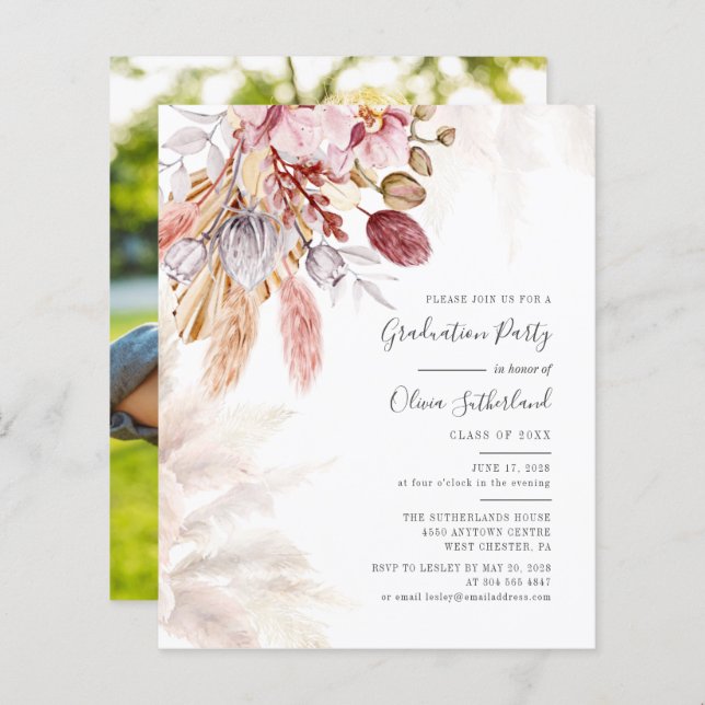 Graduation Pampas Grass Photo Party Invitation (Front/Back)