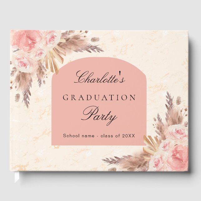 Graduation pampas grass rose gold blush floral guest book (Front)