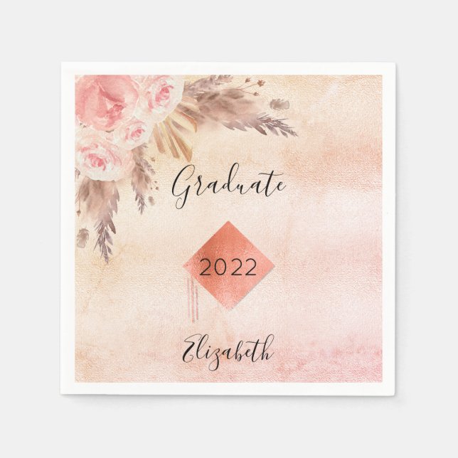 Graduation pampas grass rose gold blush floral napkin (Front)