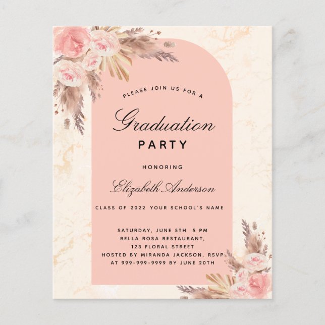 Graduation pampas rose gold budget invitation (Front)