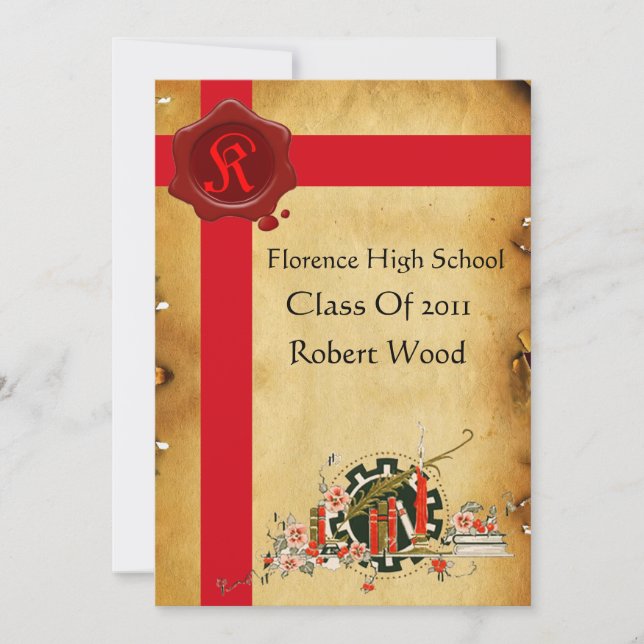 GRADUATION PARCHMENT,Red Wax Seal Monogram Invites (Front)