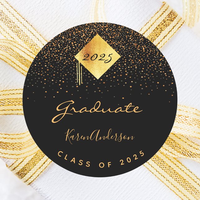 Graduation party 2023 graduate black gold cap classic round sticker (Creator Uploaded)