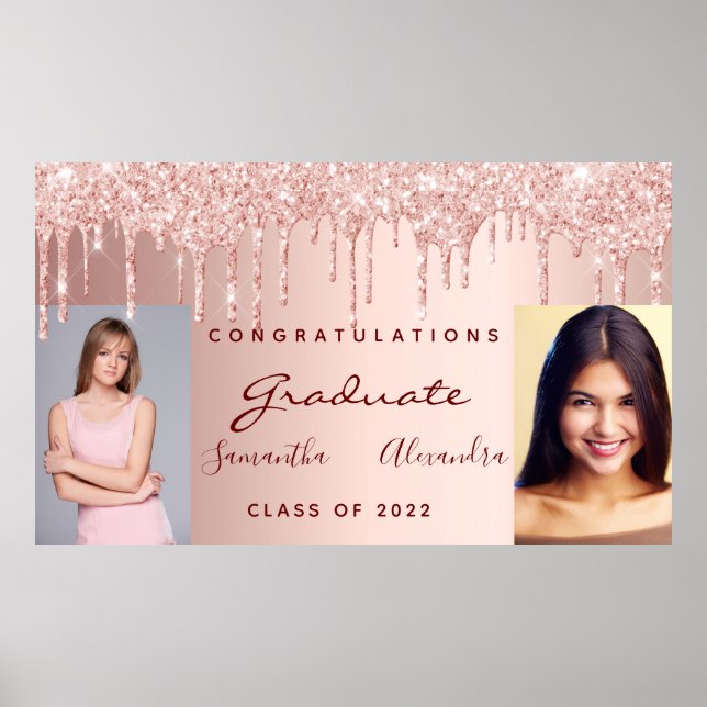 Graduation party 2023 photo rose gold glitter drip poster (Front)