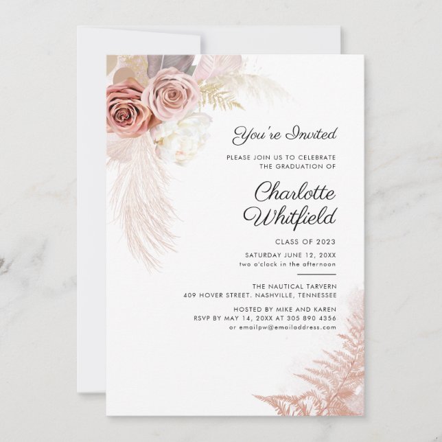 Graduation Party 2024 Script Pampas Grass Floral Invitation (Front)