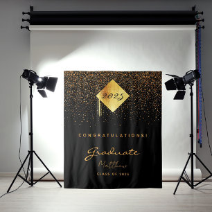 Graduation party 2025 black gold confetti graduate tapestry