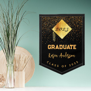 Graduation party 2025 graduate black gold cap pennant