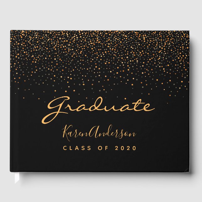 Graduation party 2025 graduate black gold confetti guest book (Front)