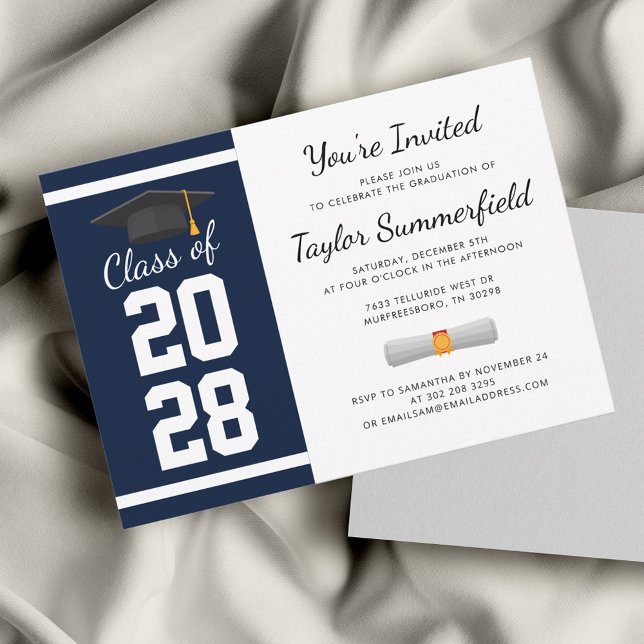 Graduation Party 2025 Navy Blue White Graduate Invitation (Graduation 2024 Navy Blue Typography Script Party Invitation)