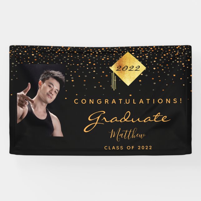 Graduation party 2025 photo black gold confetti banner (Horizontal)