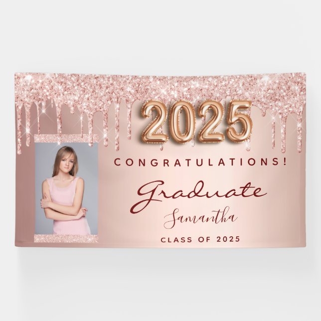 Graduation party 2025 photo rose gold glitter drip banner (Horizontal)