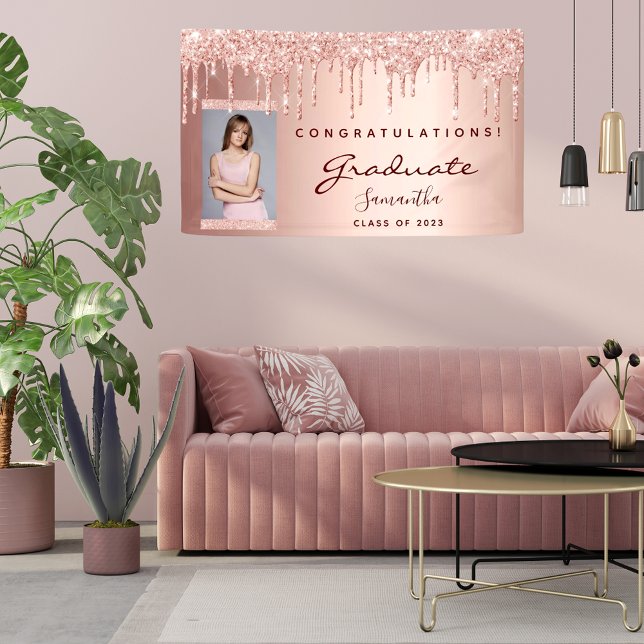 Graduation party 2025 photo rose gold glitter drip banner (Creator Uploaded)