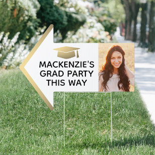 Graduation Party 2 Photo Arrow White and Gold Yard Garden Sign