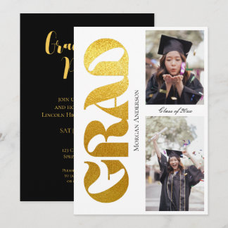 Graduation Party 2 Photo Black and Gold Typography Invitation