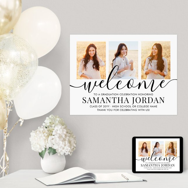 Graduation Party 3 Photo & Black Script Welcome Poster (Creator Uploaded)