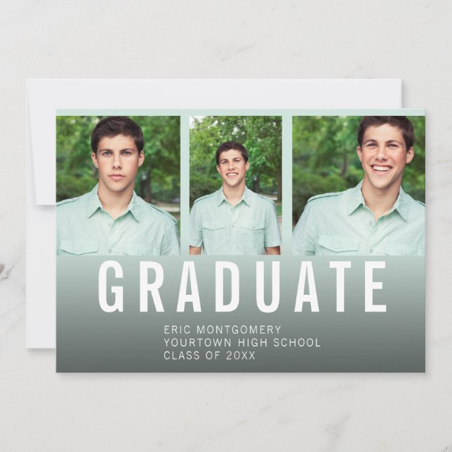Graduation Party 3 Photo Blue Green Ombre' Invitation (Front)