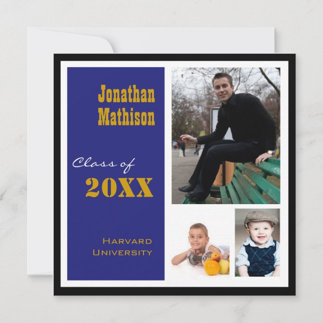 Graduation Party 3 Photo blue Invitation (Front)