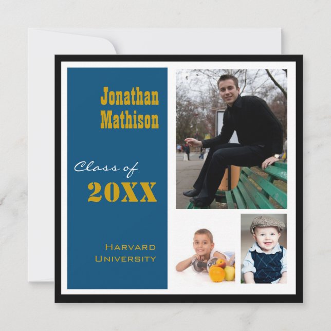 Graduation Party 3 Photo blue Invitation (Front)