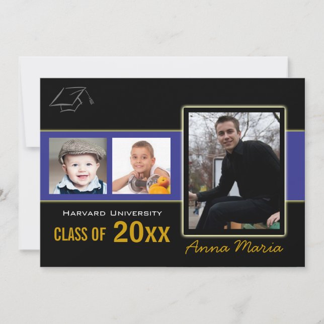 Graduation Party 3 Photos blue Invitation (Front)