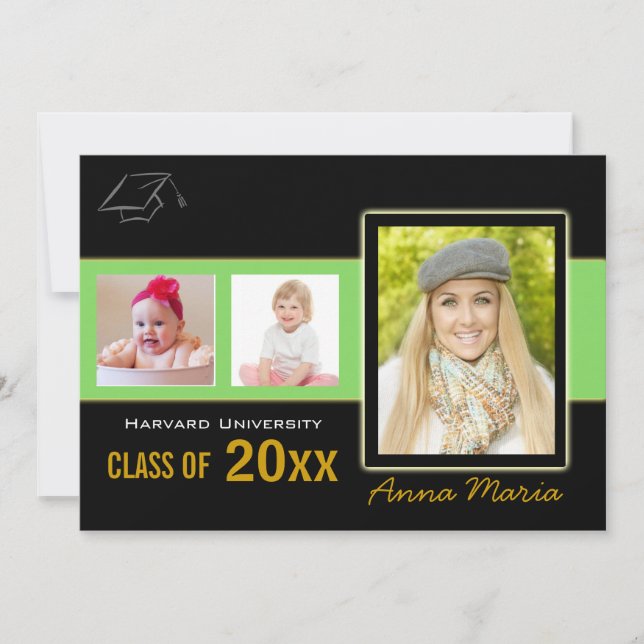 Graduation Party 3 Photos green Invitation (Front)