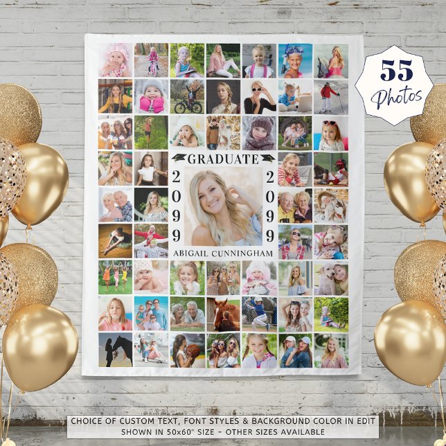 Graduation Party 55 Photo Collage Backdrop White Tapestry (Creator Uploaded)