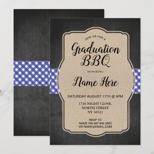 Graduation Party BBQ Invite Blue Gingham Burlap (Front/Back)