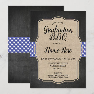 Graduation Party BBQ Invite Blue Gingham Burlap