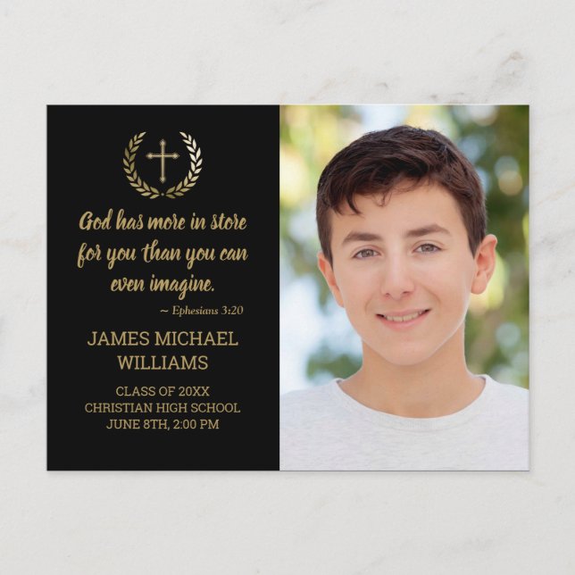 Graduation Party Bible Verse Photo Black Gold Postcard (Front)