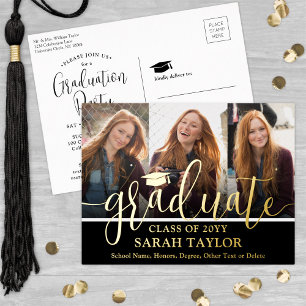 Graduation Party Black 3 Photo Modern Script Foil Invitation Postcard