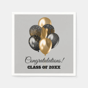Graduation Party Black and Gold Balloons Grey Napkin