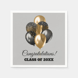 Graduation Party Black and Gold Balloons Grey Napkin