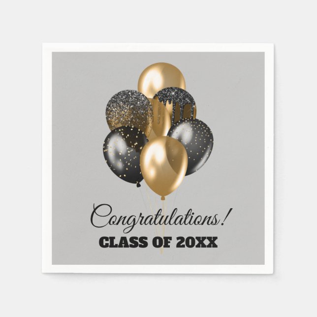 Graduation Party Black and Gold Balloons Grey Napkin (Front)