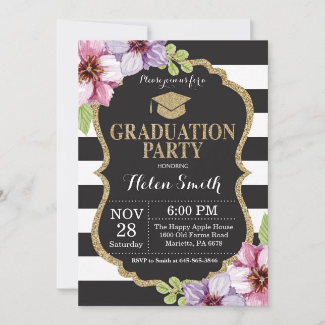 Graduation Party Black and Gold Glitter Floral Invitation (Front)