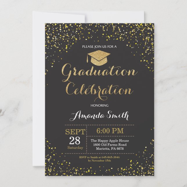Graduation Party Black and Gold Glitter Invitation (Front)