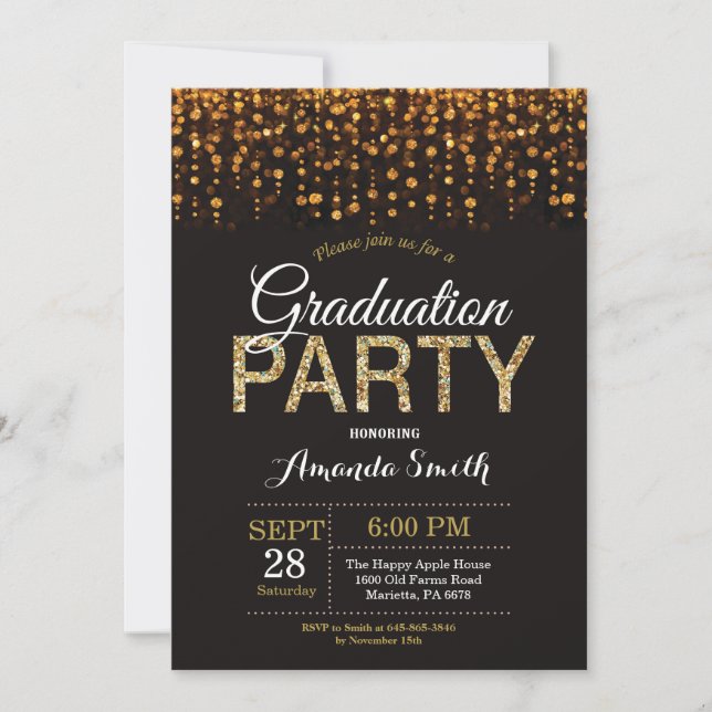 Graduation Party Black and Gold Glitter Invitation (Front)
